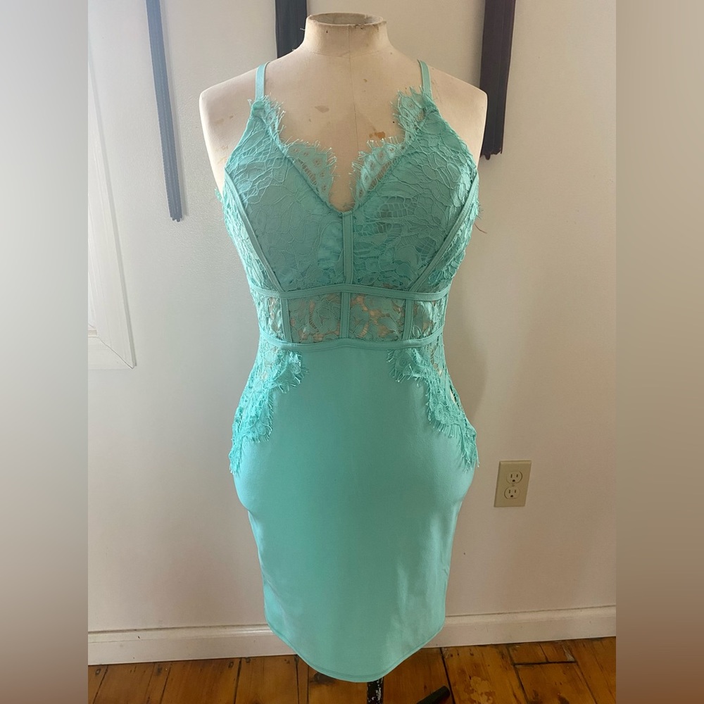 Mint green teal lace trim wiggle dress pinup S